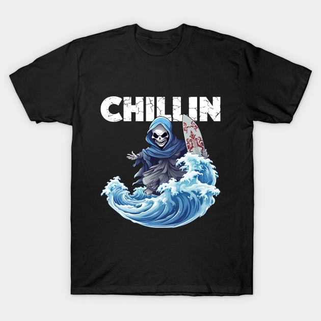 Skeleton Surfer - Chillin (White Lettering) T-Shirt by VelvetRoom